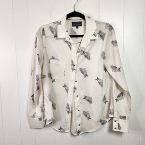 PJK Patterson J Kincaid White Owl Print Long Sleeve Blouse Top Womens Small Cute